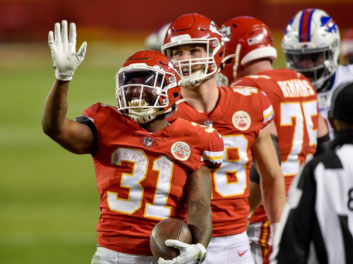 Kansas City Chiefs running back Darrel Williams celebrates his first down run in the fourth quarter which sealed the Chiefs victory. Quarterback Patrick Mahomes kneeled for the next three plays until the end of the game. The Kansas City Chiefs defeated the Bills 38-24 to win AFC Championship Game at Arrowhead Stadium Sunday Jan. 24, 2021. The Chiefs will return to the Super Bowl.