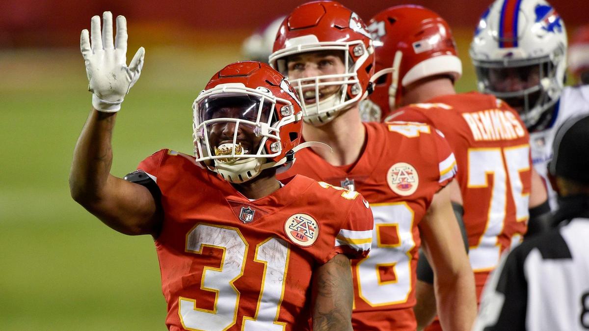 Kansas City Chiefs running back Darrel Williams celebrates his first down run in the fourth quarter which sealed the Chiefs victory. Quarterback Patrick Mahomes kneeled for the next three plays until the end of the game. The Kansas City Chiefs defeated the Bills 38-24 to win AFC Championship Game at Arrowhead Stadium Sunday Jan. 24, 2021. The Chiefs will return to the Super Bowl.