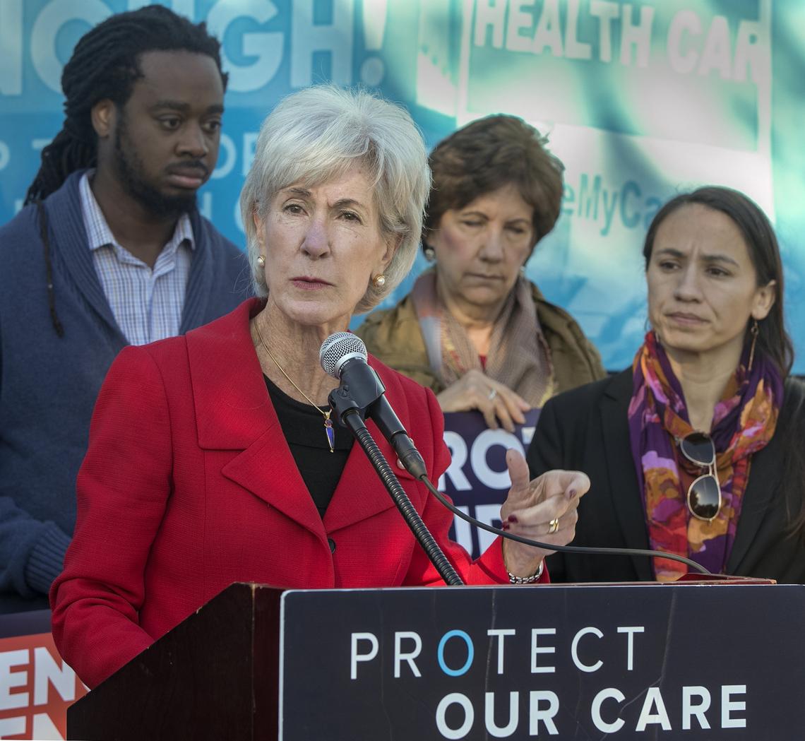 Kathleen Sebelius, the former Kansas governor and U.S. health and human services secretary, is on a national bus tour to talk about health care.  On Monday, she was joined at Mill Creek Park by Democrat Sharice Davids (right), who is running against Rep. Kevin Yoder for Congress.