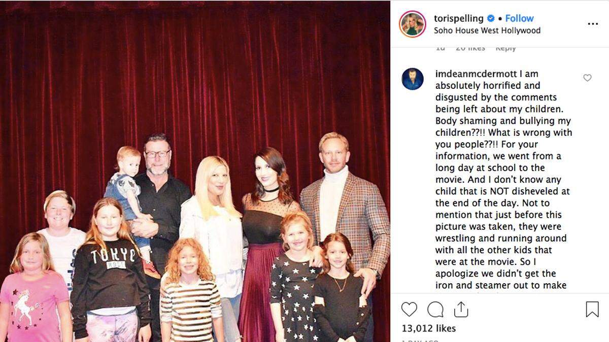 Beverly Hills 90210 star Tori Spelling posted a photo on Instagram of her and Dean McDermott’s children at a movie premiere and Internet trolls mocked their kids. McDermott blasted the body shaming and bullying.