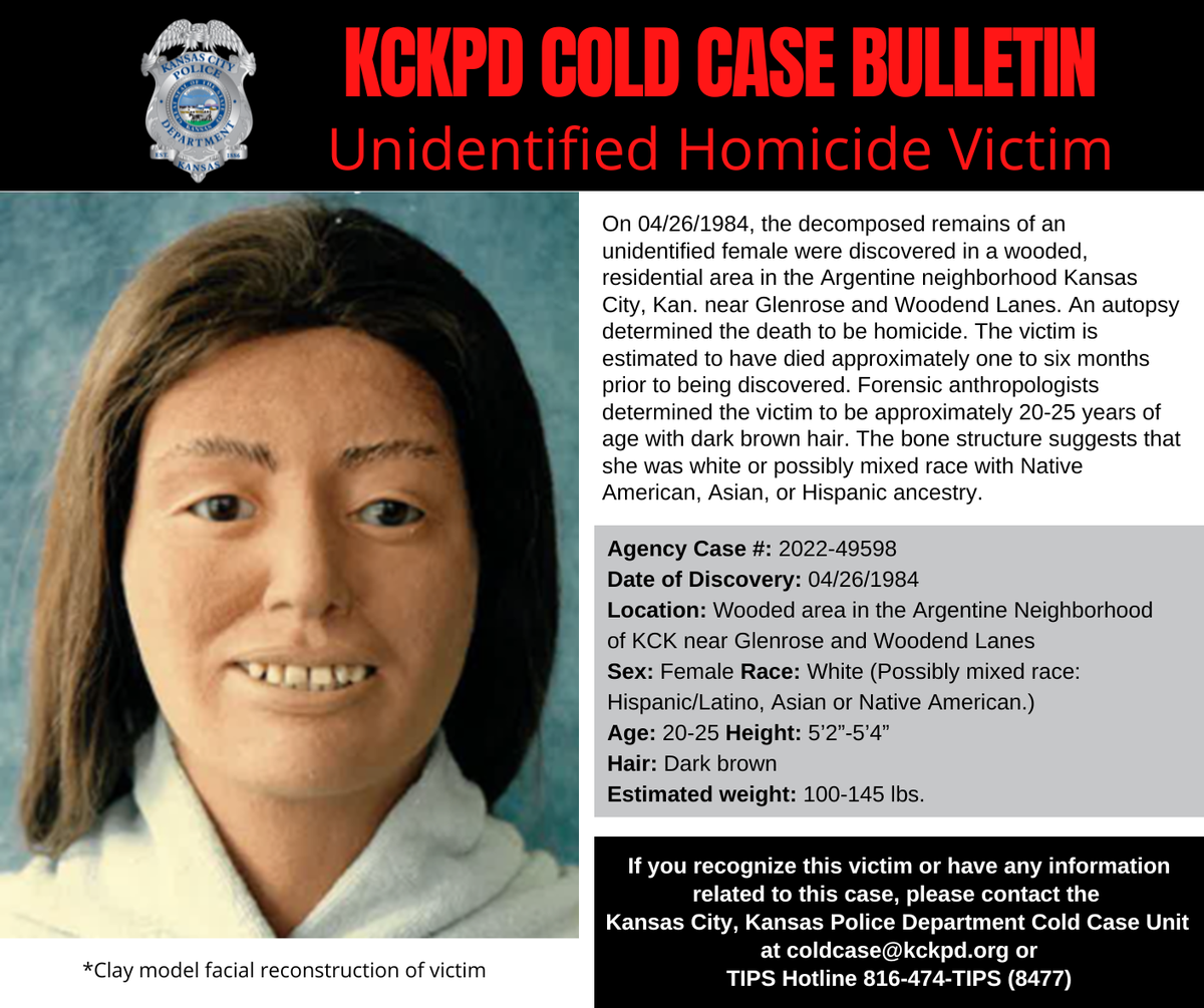 Kansas City, Kansas, police released the forensic facial reconstruction of a homicide victim whose decomposed body was found nearly 40 years ago. Investigators hope the public will help identify the woman.