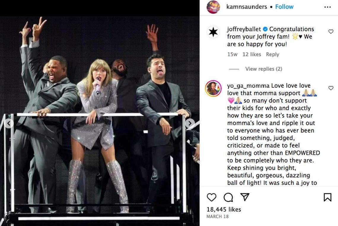 UMKC graduate Kameron Saunders, left, is a dancer on Taylor Swift’s Eras Tour, which is in Kansas City for two shows this weekend.