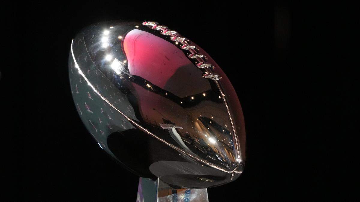 The Vince Lombardi trophy at the Super Bowl LVIII Winning Head Coach and Most Valuable Player Press Conference at the Super Bowl LVIII media center at the Mandalay Bay North Convention Center.
