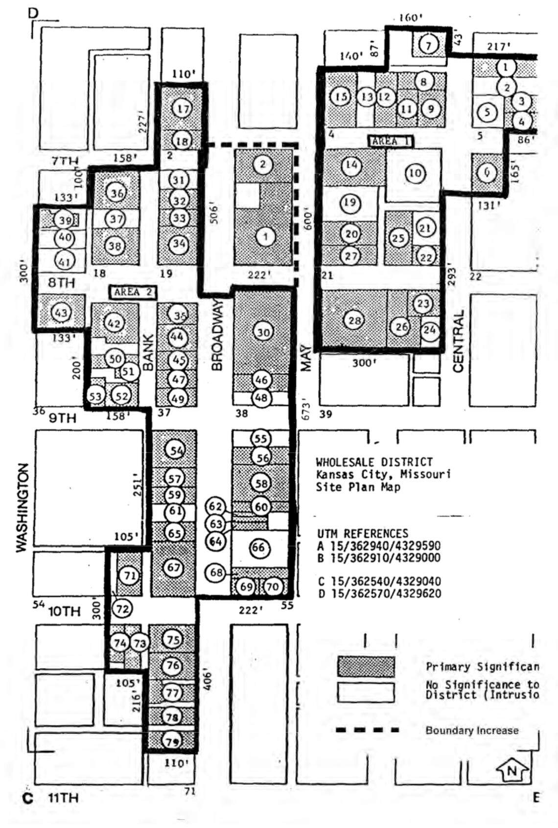 The boundaries of the Wholesale District are shown on a map submitted to the National Register of Historic Places in 2012.
