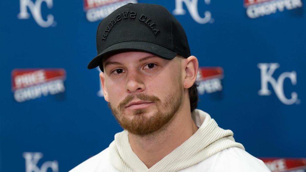 Kansas City Royals shortstop Bobby Witt Jr. takes questions from the media during a press conference at Royals Rally Fan Fest on Saturday, Feb. 1, 2025, at Kauffman Stadium.