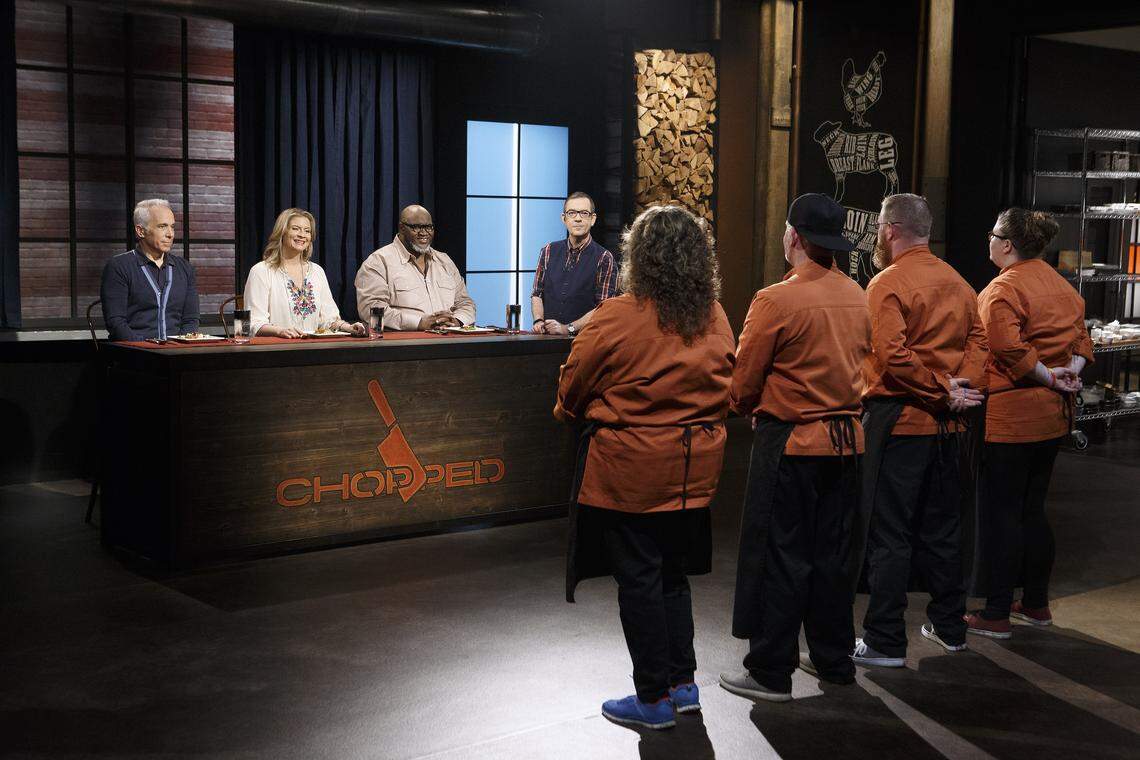Judges Geoffrey Zakarian (from left), Amanda Freitag and Moe Cason evaluated the dishes made by Kansas City cooks on an upcoming episode of Food Network’s “Chopped Grill Masters.”