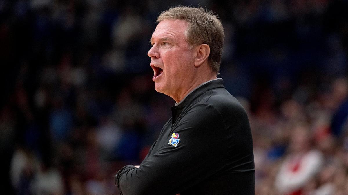 Kansas Jayhawks head coach Bill Self shouts to his players during an NCAA college basketball game against the BYU Cougars on Tuesday, Feb. 27, 2024, in Lawrence.