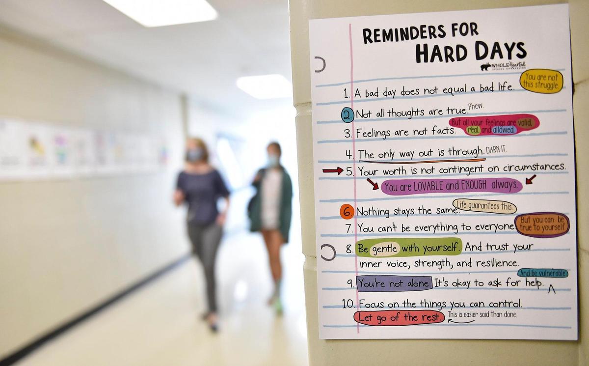 Messages to help students cope are posted around the building at Indian Hills Middle School in Prairie Village.