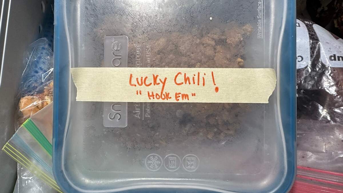 When Texas plays in the Sugar Bowl on New Year’s Day, Sherry Kuehl is certain her husband will be watching the game while hugging this lucky bowl of chili.