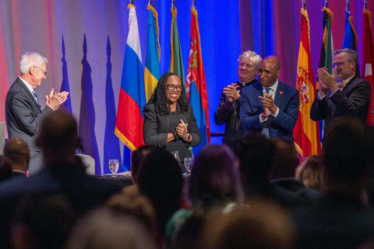 U.S. Supreme Court Justice Ketanji Brown Jackson, center, smiles and acknowledges the applause after her speech during the Truman Foundation Annual Luncheon at the Kansas City Marriott Downtown on Thursday, May 8, 2025.