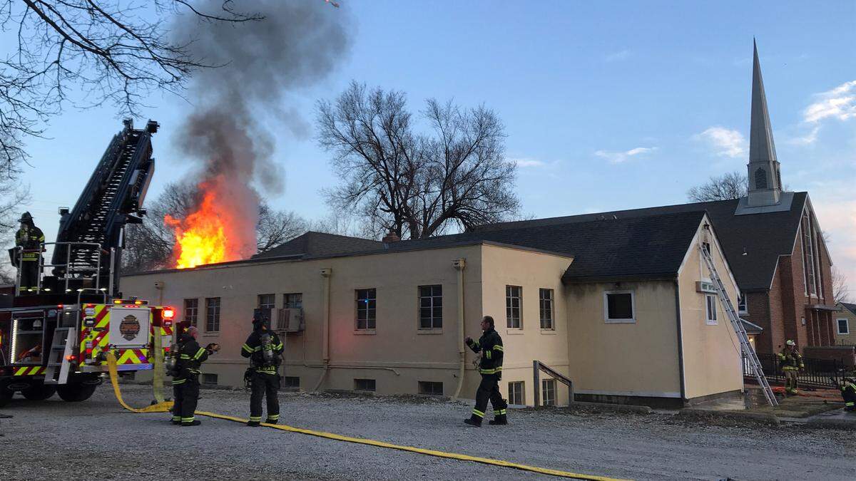 Firefighters battle a blaze at  the First Baptist Church on Outlook in Mission Thursday afternoon.
