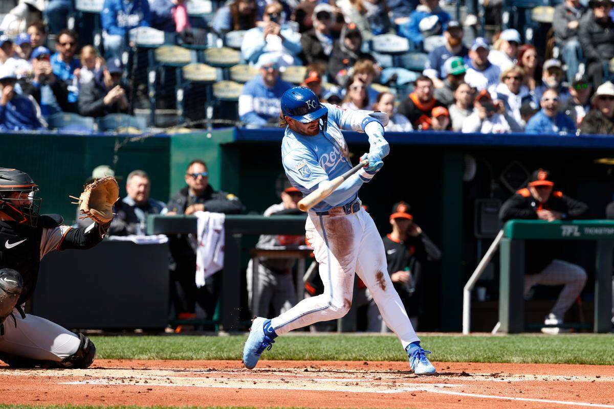 Kansas City Royals shortstop Bobby Witt Jr. gets a hit in the first inning of a Sunday, April 6, 2025, Major League Baseball game against the Baltimore Orioles at Kauffman Stadium.