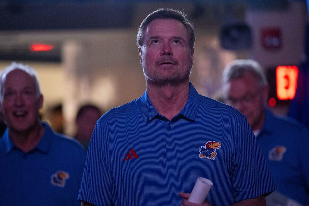 Kansas Jayhawks head coach Bill Self watches the video board after the Jayhawks exhibition game vs. Pittsburg State Gorillas, on Friday, October 16, 2026, at Allen Fieldhouse. The exhibition game, a first for Late Night in the Phog, replaces the normal format of variety show style sketches and a team scrimmage.