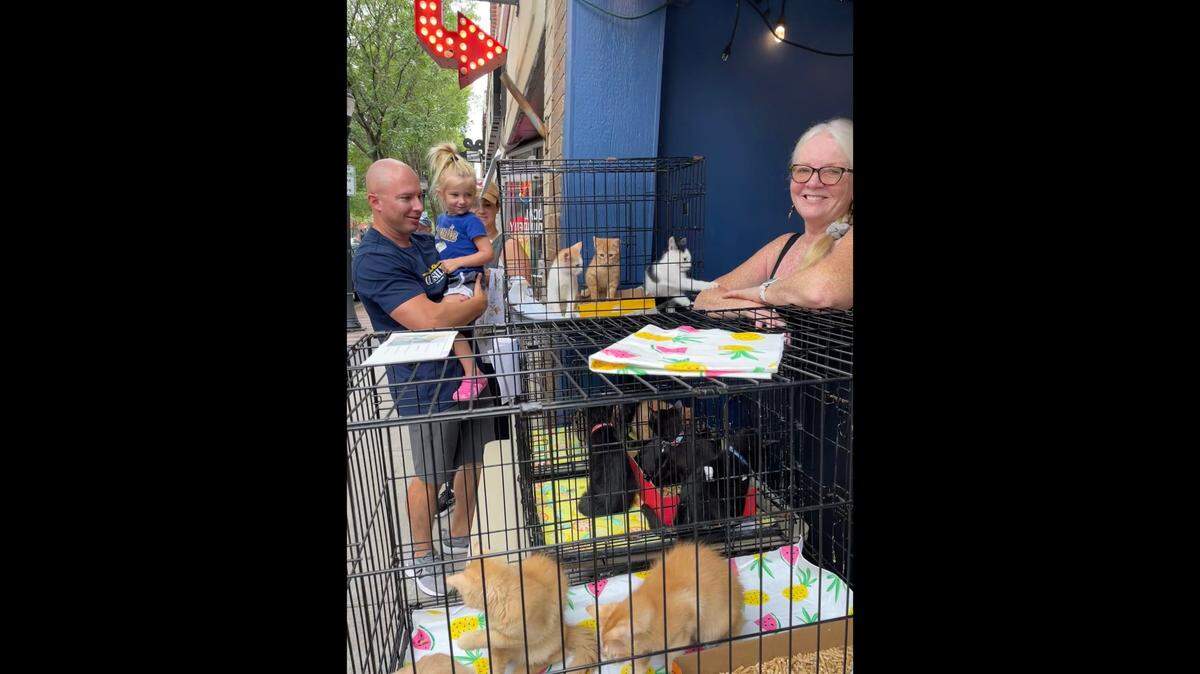 Wyatt Miller and daughter Everly Miller of Lee’s Summit enjoy the feline sights with volunteer and board member Debi Hamilton of Lake Winnebago.