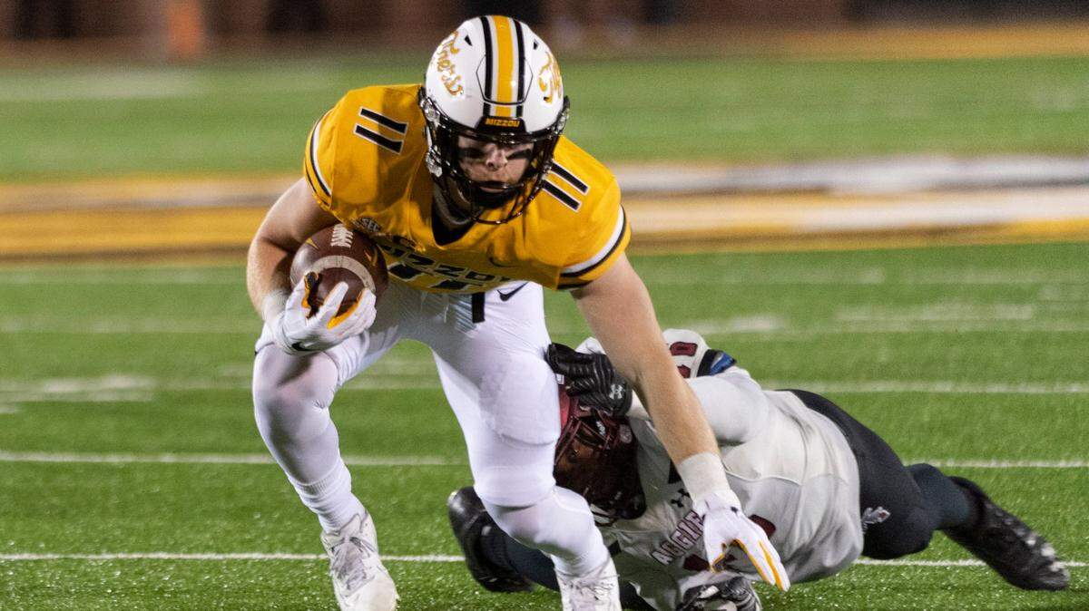 Missouri wide receiver Barrett Banister pulls away from New Mexico State’s Donavan King during the second quarter on Saturday, Nov. 19, 2022, in Columbia, Mo.