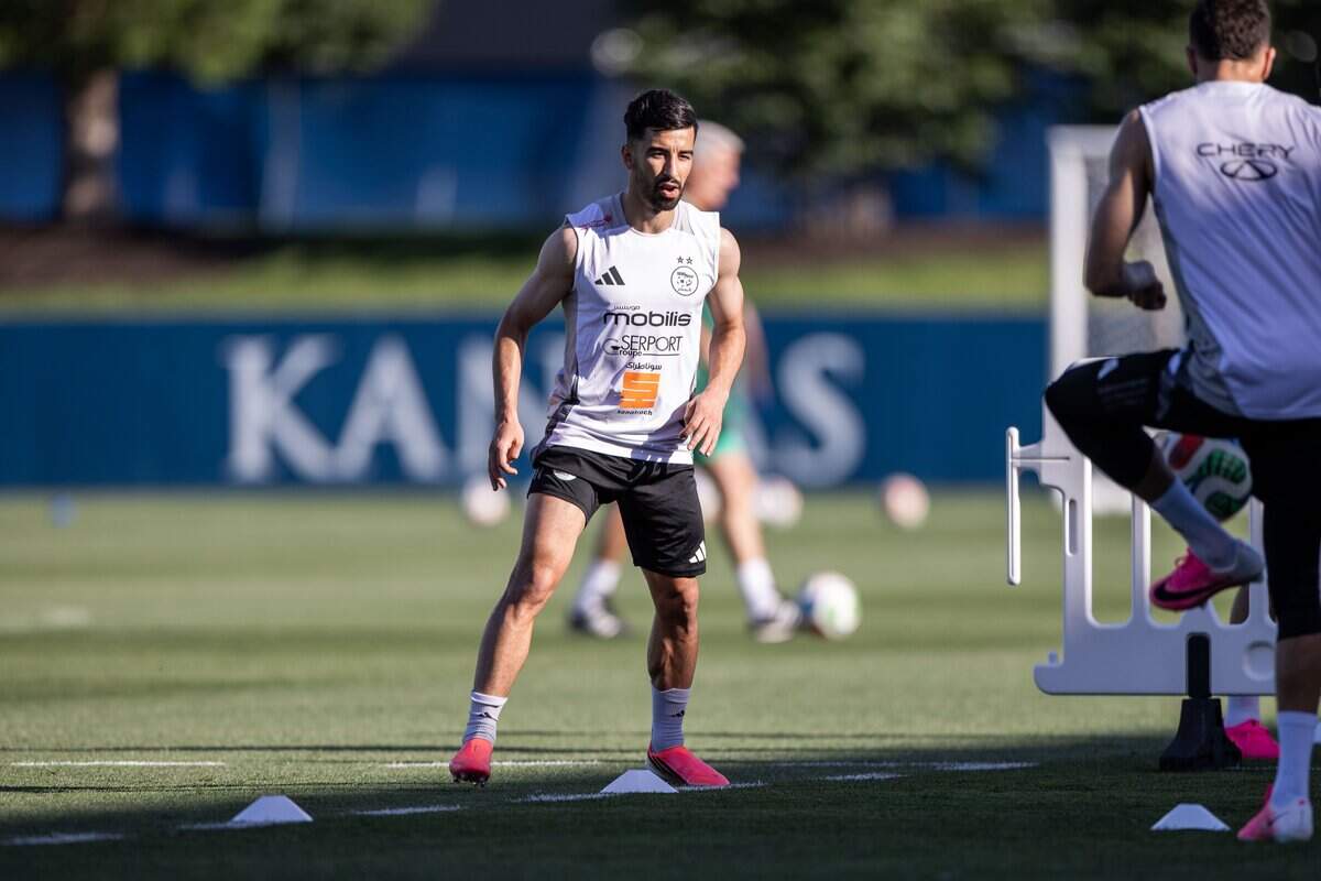 Forward, Mohamed Amoura, #20, watches for the ball at Algeria's open practice ahead of the World Cup at Rock Chalk Park on Thursday, June 11, 2026.