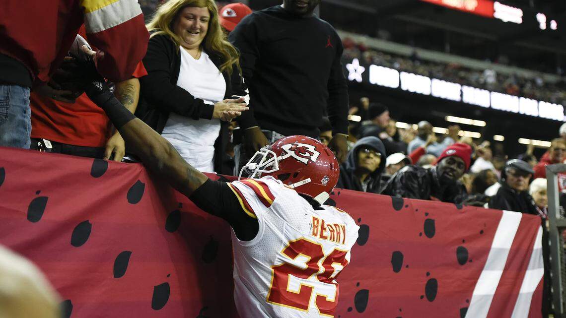 Kansas City Chiefs strong safety Eric Berry (29) gave the football to his mother after his second quarter interception against the Atlanta Falcons on December 4, 2016, at the Georgia Dome in Atlanta.