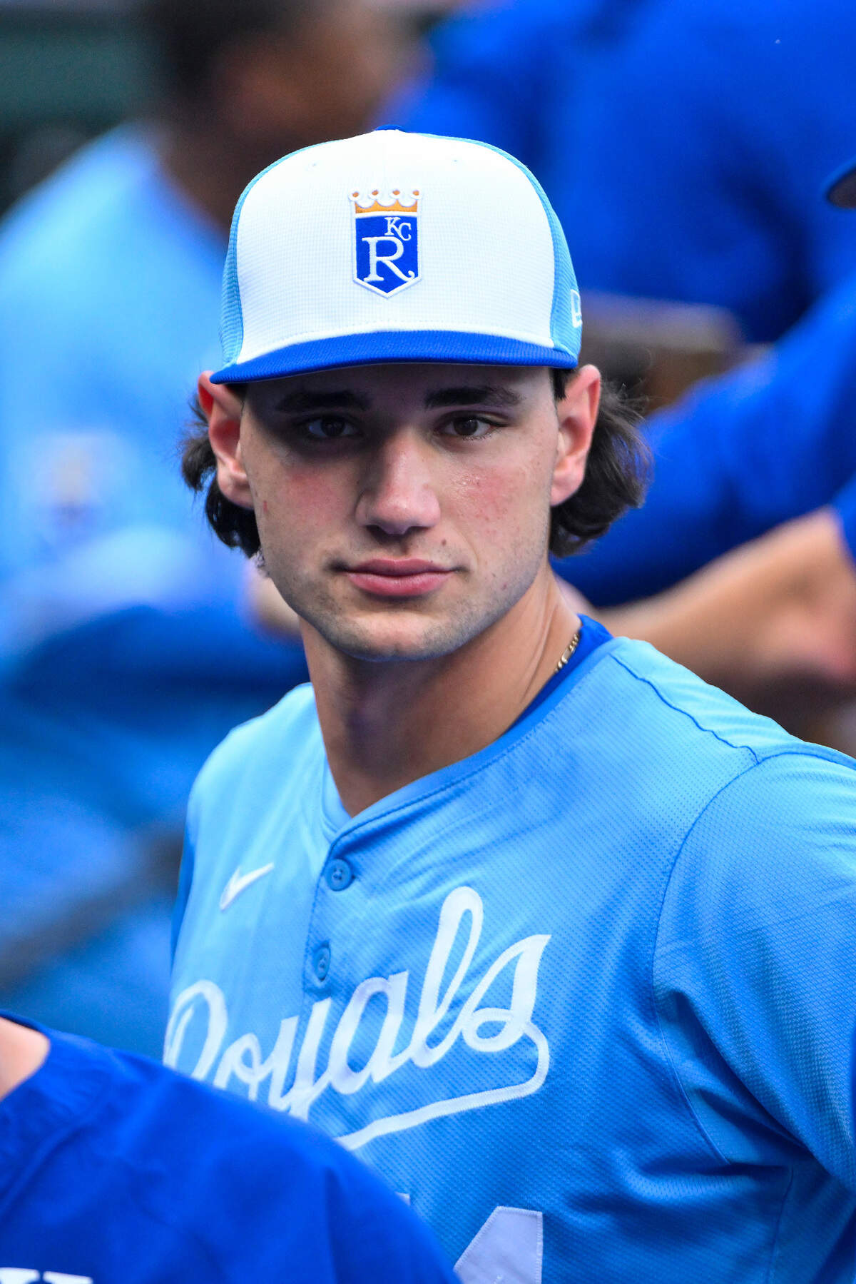 Kansas City Royals designated hitter Jac Caglianone (14) looks on before his Major League Baseball debut against the St. Louis Cardinals at Busch Stadium on June 3, 2025, in St. Louis.