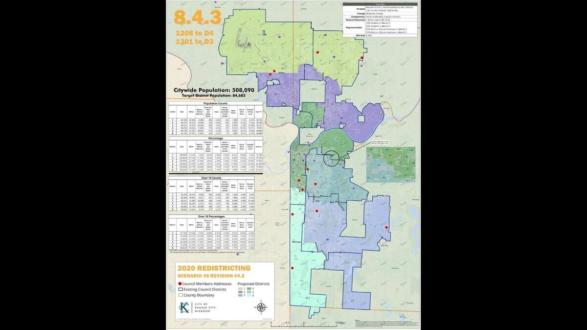 The Kansas City Redistricting Commission voted to recommend a horizontal divide of the Northland during a Monday meeting to City Council. This image shows the recommended map, with the Northland districts shown in yellow and purple at the top.