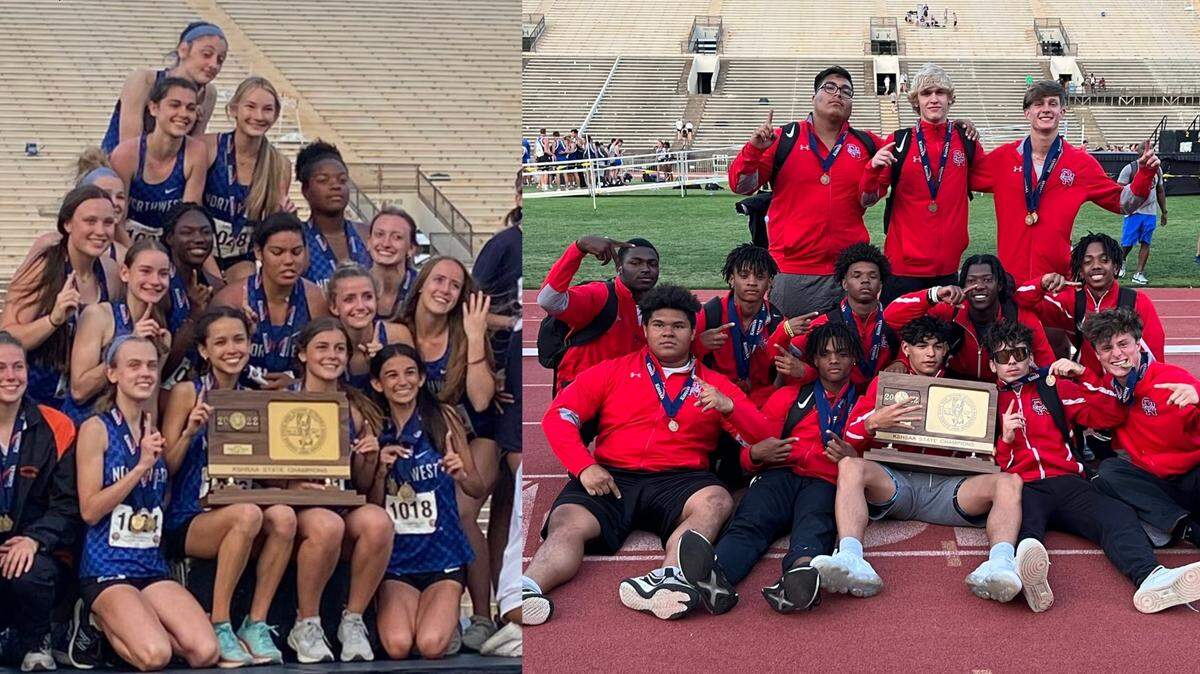 Posing happily at Cessna Stadium in Wichita after winning the Kansas Class 6A championships Saturday in track and field are the Olathe Northwest girls and the Olathe North boys.