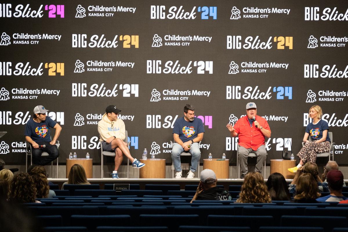 From left, Big Slick co-hosts Paul Rudd, Jason Sudeikis, Rob Riggle, Eric Stonestreet and Heidi Gardner spoke at Children’s Mercy Research Institute on Friday.