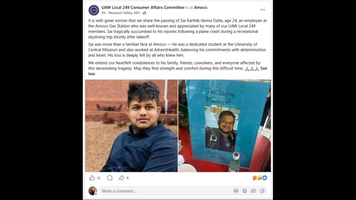 Sai Karthik Varma Datla, 24, came to the United States from India to further his education. On Sunday, he was one of 12 on board a skydiving plane that crashed soon after takeoff in Butler, Missouri. All 12 died.