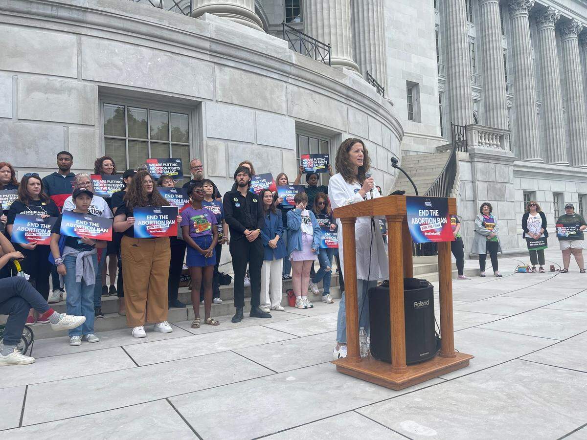 Jennifer Smith, a doctor and OBGYN in St. Louis, speaks at a rally of abortion rights supporters at the Missouri Capitol on May 3, 2024.