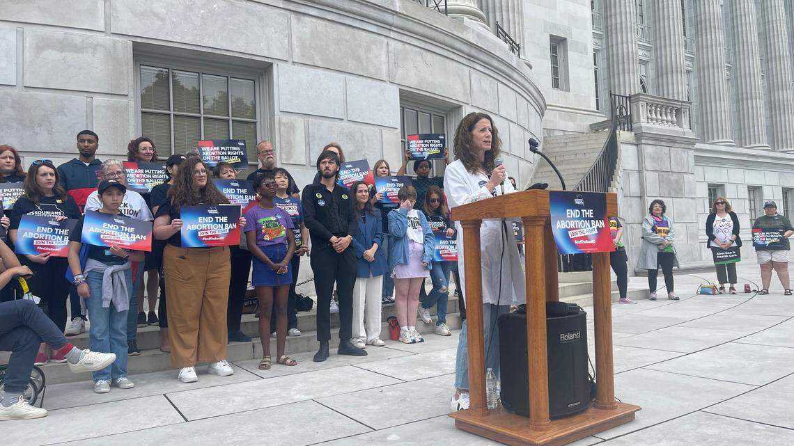 Jennifer Smith, a doctor and OBGYN in St. Louis, speaks at a rally of abortion rights supporters at the Missouri Capitol on May 3, 2024.
