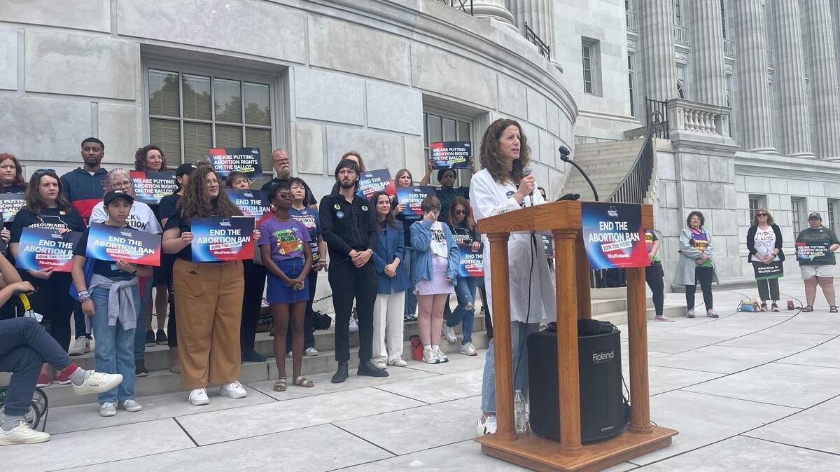 Jennifer Smith, a doctor and OBGYN in St. Louis, speaks at a rally of abortion rights supporters at the Missouri Capitol on May 3, 2024.