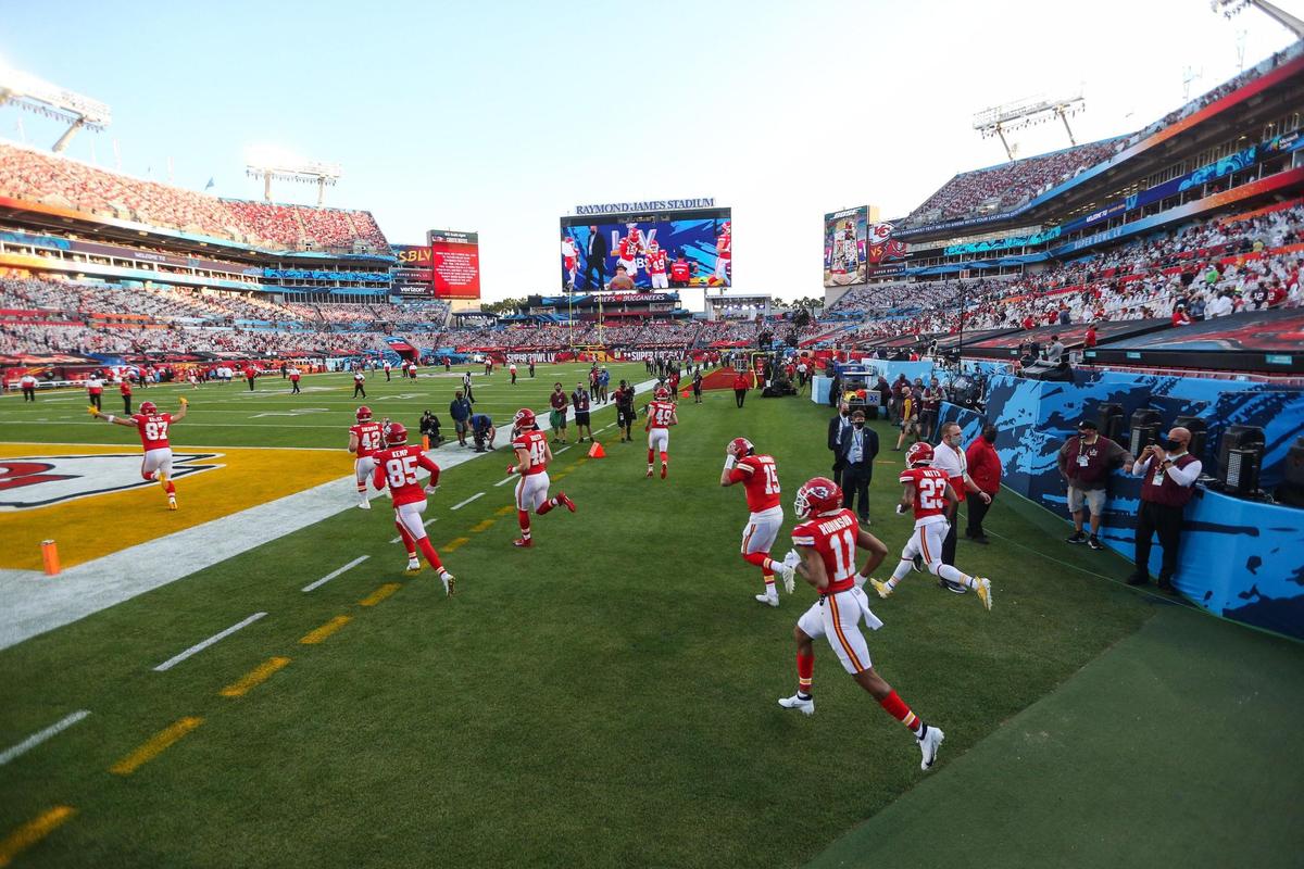 Kansas City Chiefs players take the field for warmups Sunday, February 7, 2021, before Super Bowl LV at Raymond James Stadium in Tampa, Florida.