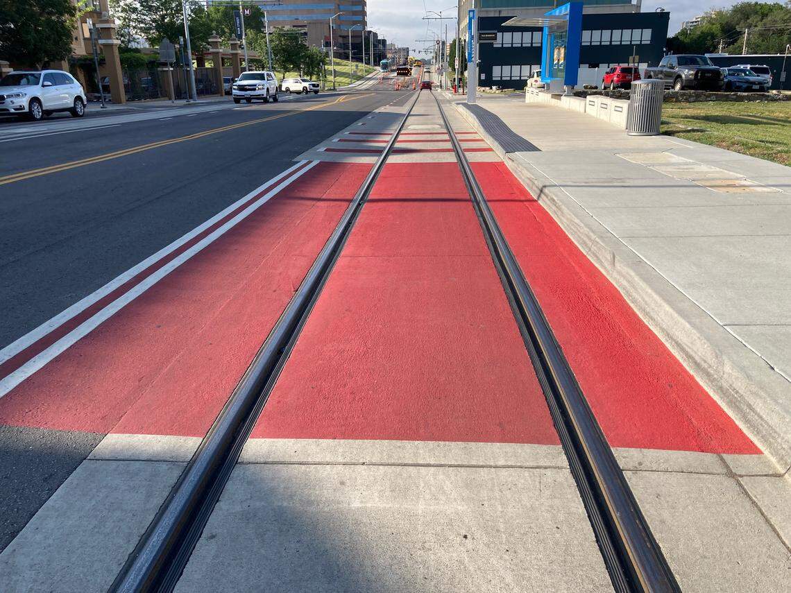 These solid red zones on Main Street is a “transit only” zone, meaning no motorists other than streetcars or city buses can ride through it.