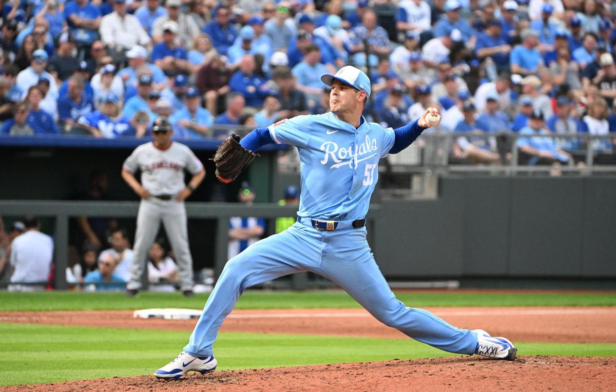 Kansas City Royals starting pitcher Cole Ragans (55) throws to a Cleveland Guardians batter during the opening day game Thursday, March 27, 2025, at Kauffman Stadium.