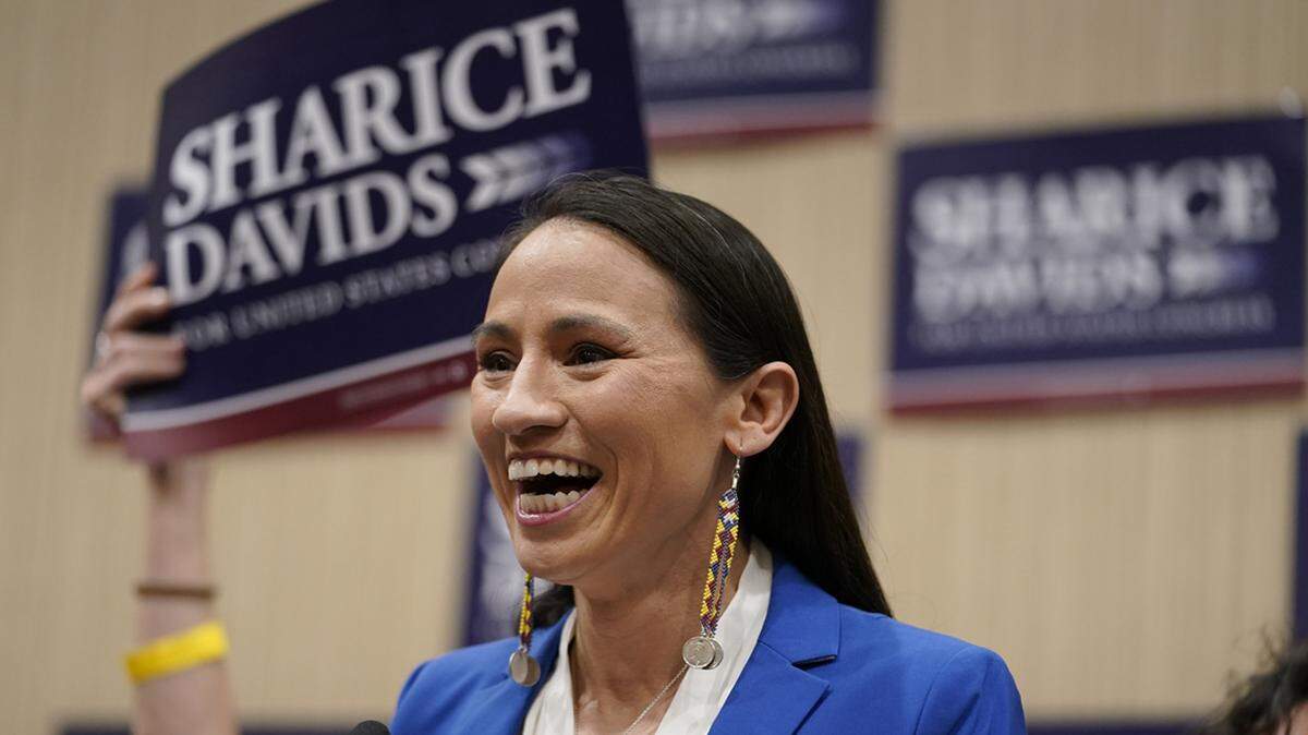 Rep. Sharice Davids, D-Kan., talks to supporters after defeating Republican candidate Amanda Adkins for Kansas’ 3rd Congressional District seat Tuesday, Nov. 8, 2022, in Overland Park, Kansas.