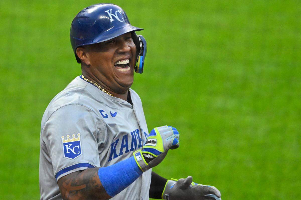 Kansas City Royals designated hitter Salvador Perez celebrates one of his home runs against the Cleveland Guardians on Monday evening at Progressive Field.