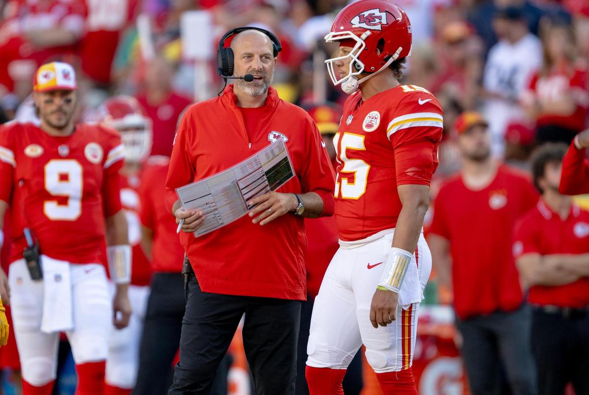 Kansas City Chiefs quarterback Patrick Mahomes (15) talks with offensive coordinator Matt Nagy during an NFL football game against the Chicago Bears at GEHA Field at Arrowhead Stadium on Sunday, Sept. 24, 2023, in Kansas City.