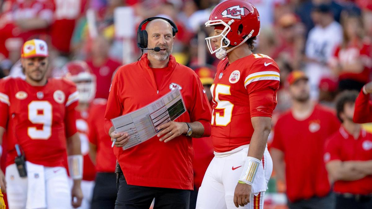 Kansas City Chiefs quarterback Patrick Mahomes (15) talks with offensive coordinator Matt Nagy during an NFL football game against the Chicago Bears at GEHA Field at Arrowhead Stadium on Sunday, Sept. 24, 2023, in Kansas City.