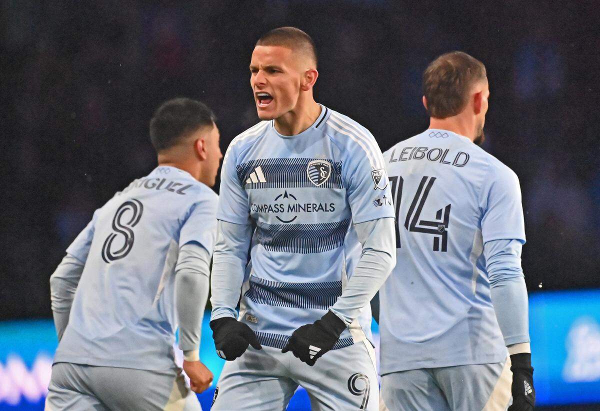 Sporting Kansas City forward Dejan Joveljic (9) reacts after scoring a goal against Minnesota United in the second half at Children’s Mercy Park on March 15, 2025.