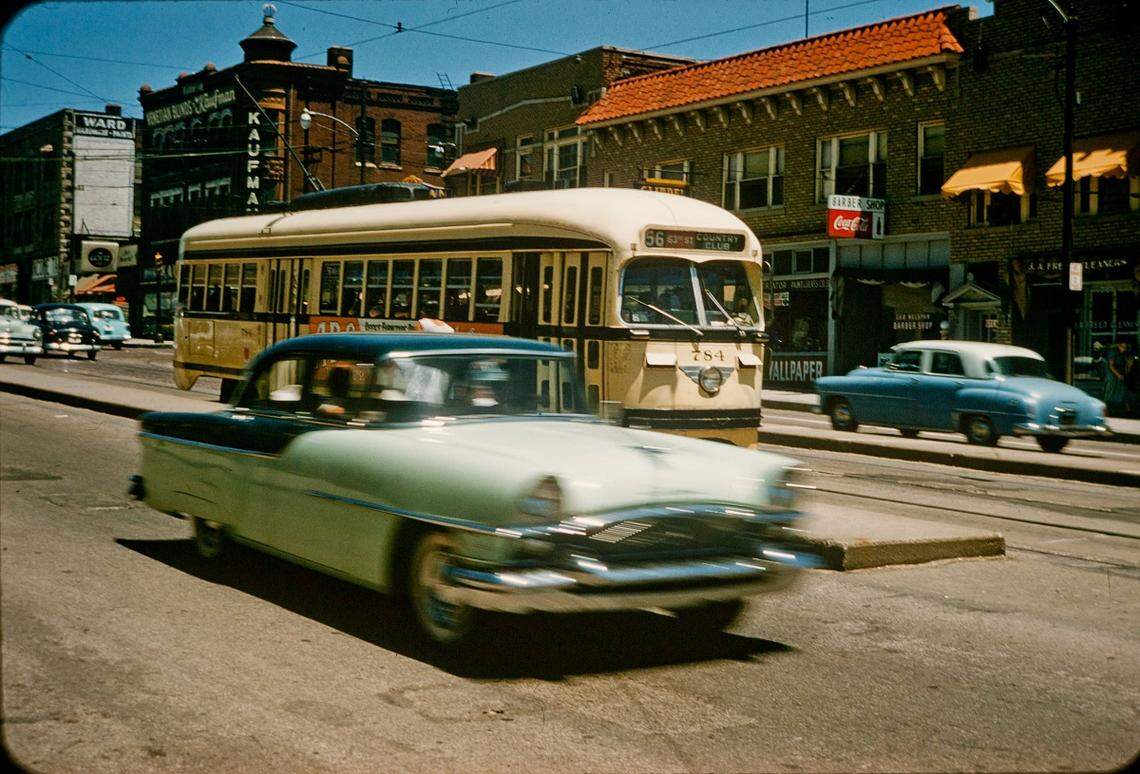 Color slide image of a streetcar on Main Street just south of 31st Street, dated June 19, 1957 – four days before service was discontinued.