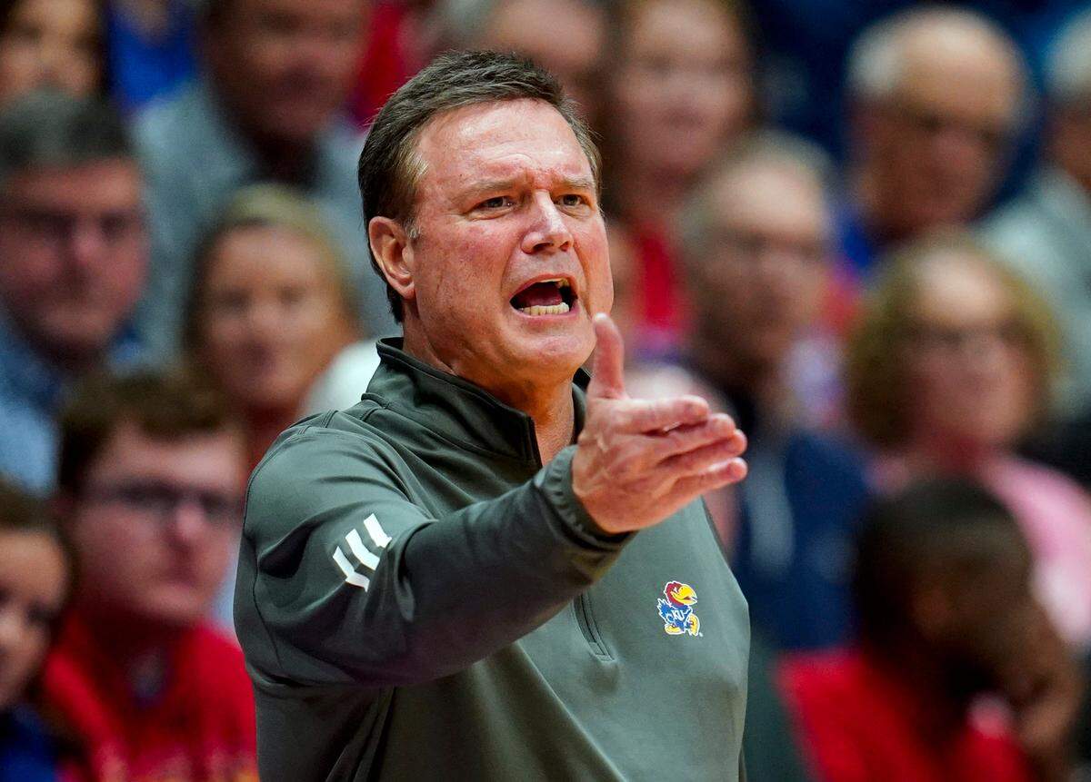 Kansas Jayhawks coach Bill Self shouts instruction to his players during Friday night’s game against Manhattan at Allen Fieldhouse (Nov. 10, 2023).