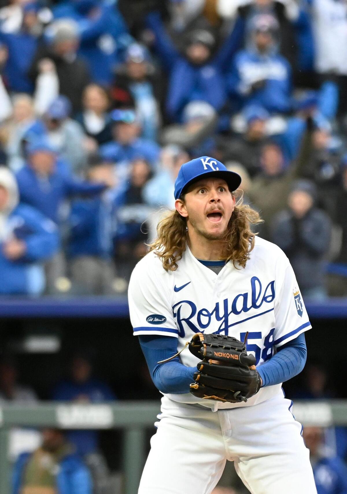 Royals pitcher Scott Barlow (58) got the win as he struck out Cleveland Guardians Myles Straw in the 9th inning of the season opener Thursday, April 7, 2022, at Kauffman Stadium in Kansas City. The Royals won, 3-1.