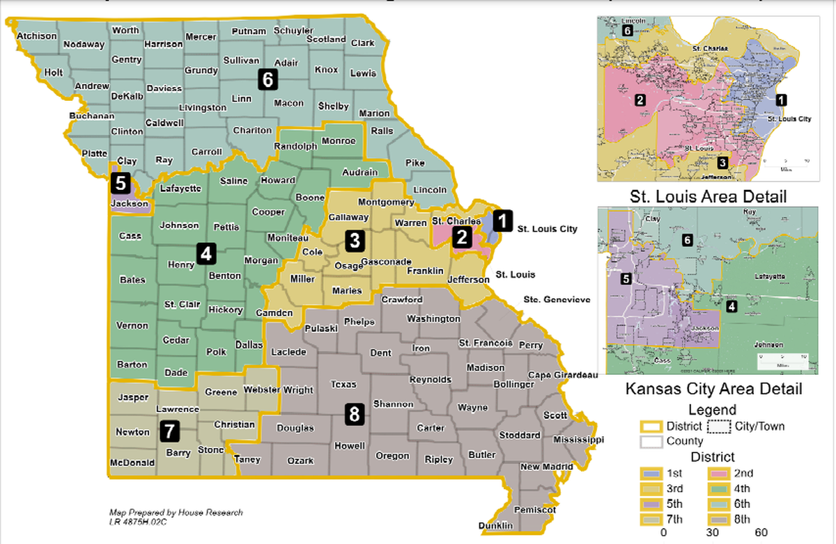 A congressional map backed by Missouri Republican legislative leaders. The map would likely extend the current partisan division in the state of six Republican and two Democratic U.S. representatives.