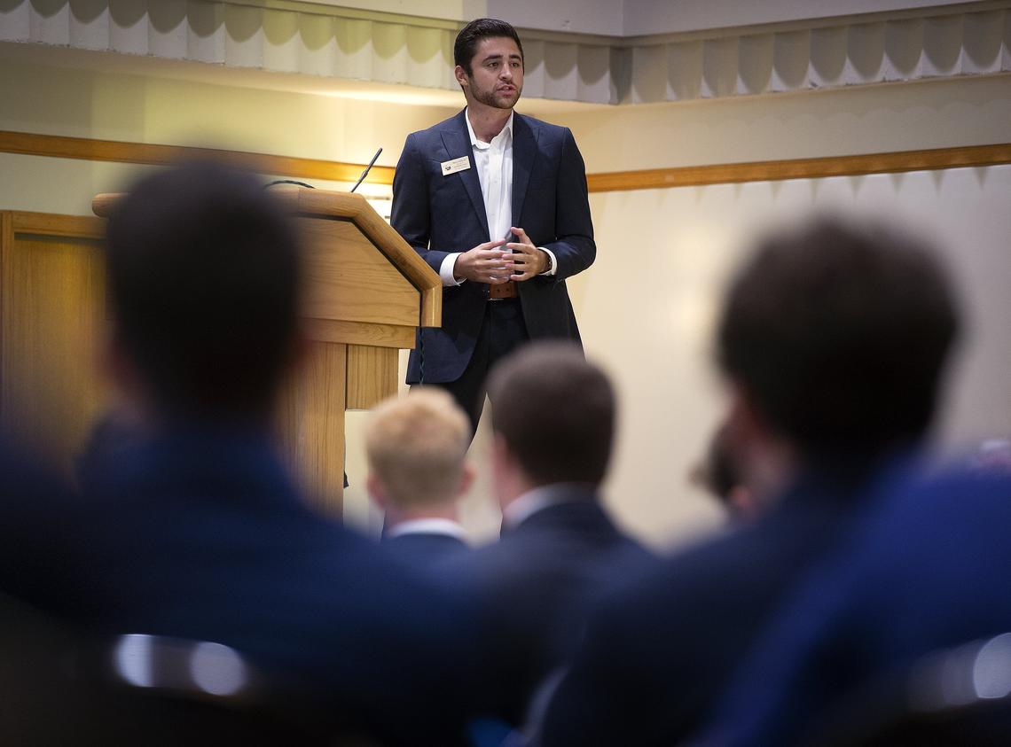 Marty Sedlacek, president of KU’s Interfraternity Council, implored new fraternity members to study hard, get involved on campus and act like leaders. Bad decisions, he said, threaten the reputation of the fraternity system.