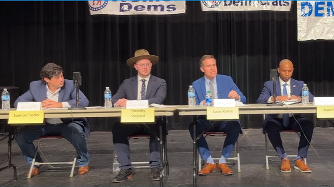 Missouri Democratic U.S. Senate candidates (left to right), Spencer Toder, Tim Shepard, Lucas Kunce and Jewel Kelly, speak at a forum Wednesday evening in Hillsboro. Candidates Scott Sifton and Gena Ross also spoke.
