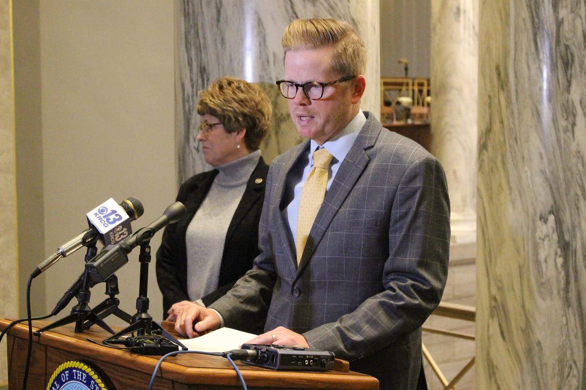 Senate President Pro Tem Caleb Rowden, a Columbia Republican, speaks to reporters at the Missouri State Capitol in Jefferson City on Jan. 5, 2023. Caleb Rowden Missouri Senate