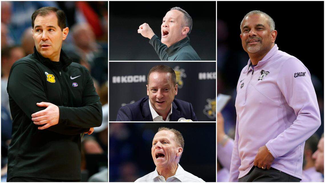 Several assistants under Baylor coach Scott Drew (left) have earned head-coaching jobs. That includes K-State’s Jerome Tang (right), plus Texas Tech’s Grant McCasland, Wichita State’s Paul Mills and North Florida’s Matthew Driscoll (middle, top to bottom).