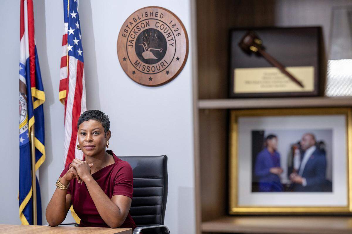 Jackson County Prosecutor Melesa Johnson in her office in the Jackson County Courthouse on Monday, June 30, 2025, downtown in Kansas City. A photo of her and Mayor Quinton Lucas sits on the shelf among some of her accolades.