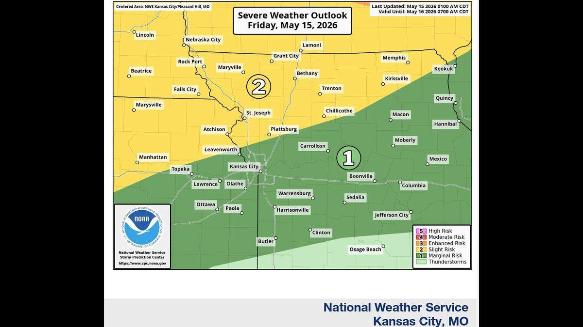 Strong to severe storms will be possible overnight Friday, according to the National Weather Service. The Storm Prediction Center has placed locations north of a line from Leavenworth to Kirksville within a slight risk (Level 2 of 5) for severe weather, with a marginal risk (Level 1 of 5) for the Kansas City metro and the remainder of the forecast area.