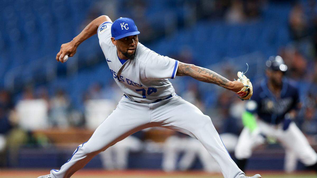 Kansas City Royals relief pitcher Jose Cuas (74) throws a pitch against the Tampa Bay Rays in the first inning at Tropicana Field on June 22, 2023.