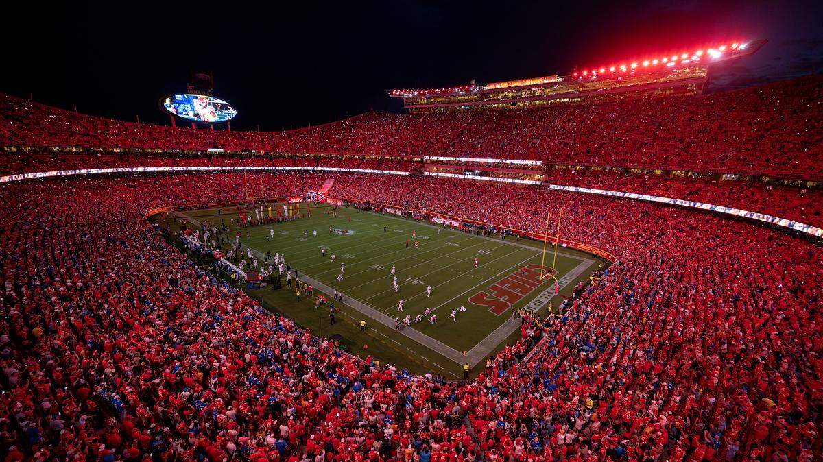 The lights dim at GEHA Field at Arrowhead Stadium as players take the field before an NFL game between the Kansas City Chiefs and the Detroit Lions on Sunday, Oct. 12, 2025.