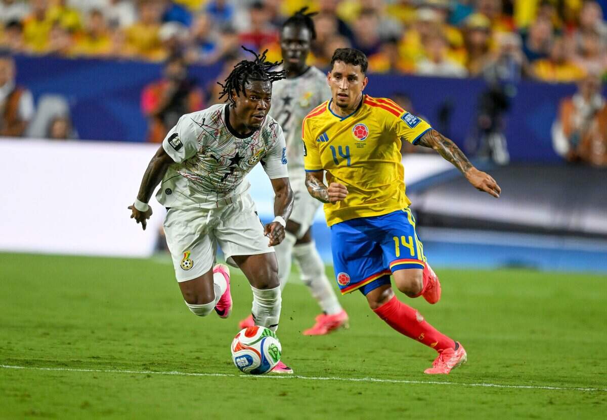 Ghana forward Abdul Fatawu (7) looks down the pitch during the Colombia vs. Ghana 2026 World Cup Round of 32 football match at Kansas City (Arrowhead) Stadium in Kansas City on Friday, July 3, 2026.
